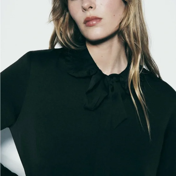 ZARA black satin effect tie collar shirt size medium - Picture 4 of 13